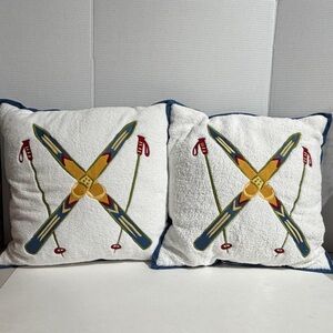 Lot 2 Blue White Fleece Ski Poles Square 18x18” Throw Pillow Mountain Cabin NEW